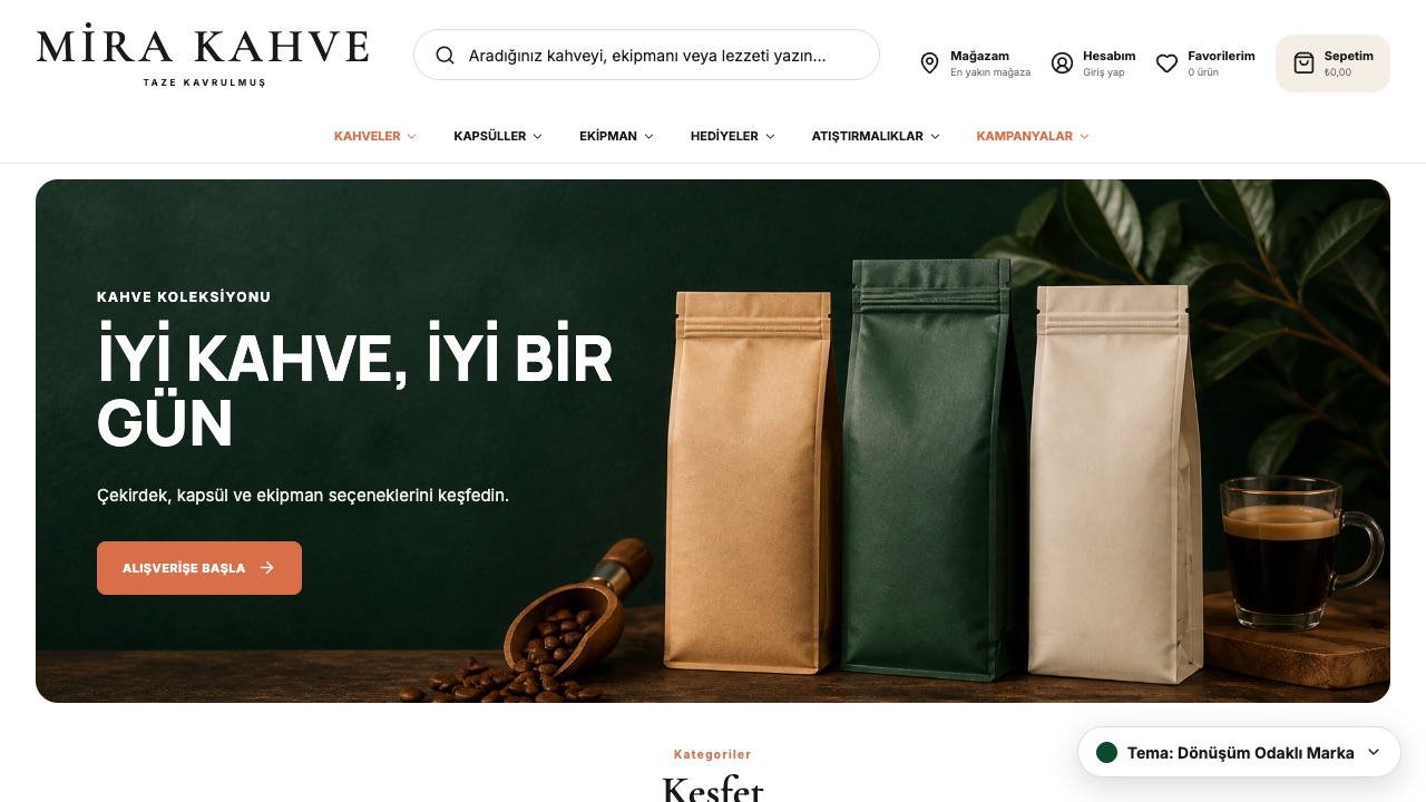 Mira kahve mağazası tema ekranı