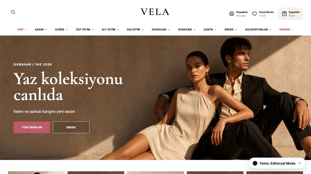 TicaretPlus ile oluşturulan Vela e-ticaret mağazasının gerçek vitrin ekranı